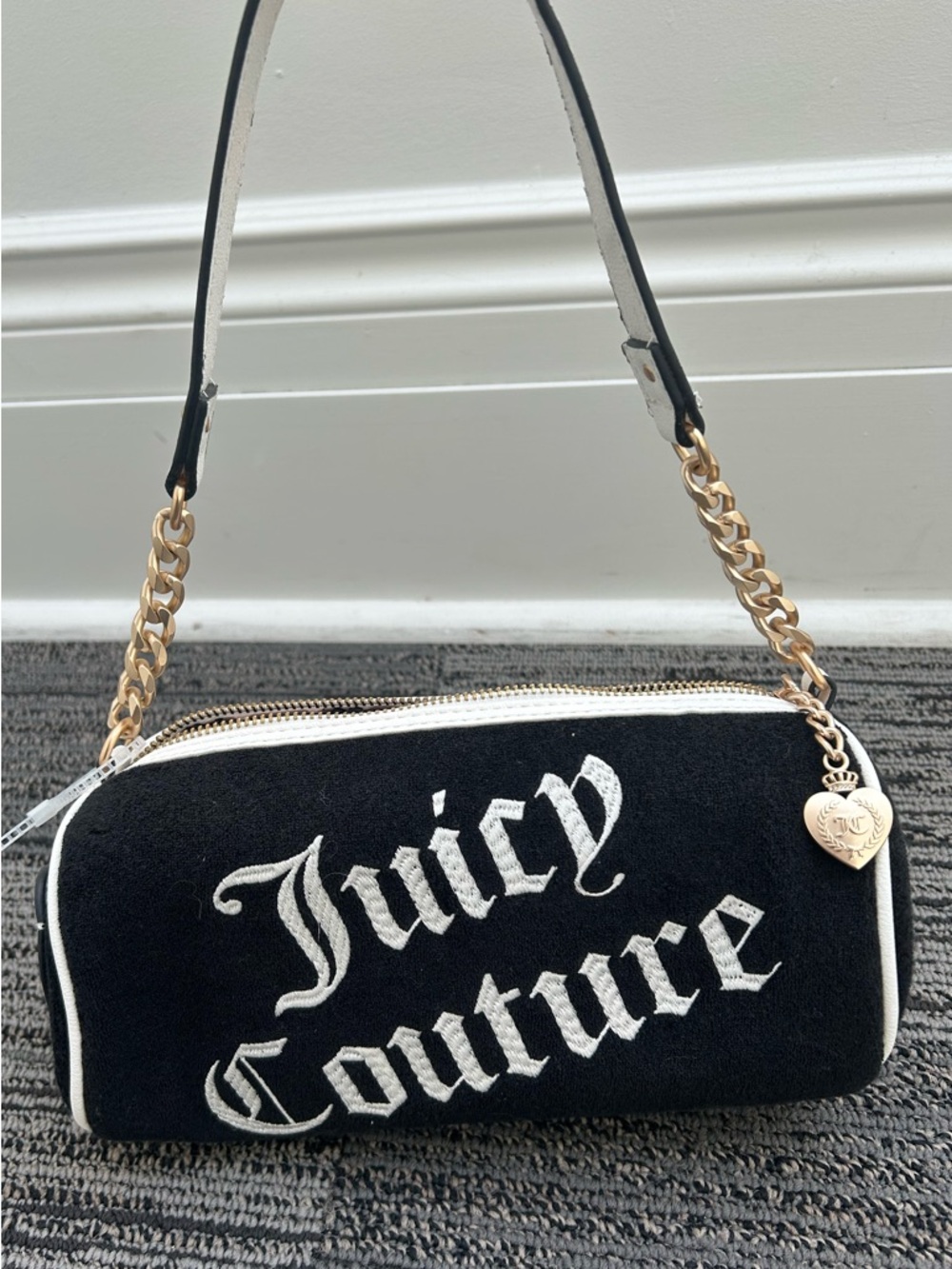 Juicy Couture Black and White Logo Mini Shoulder Bag with Gold Chain